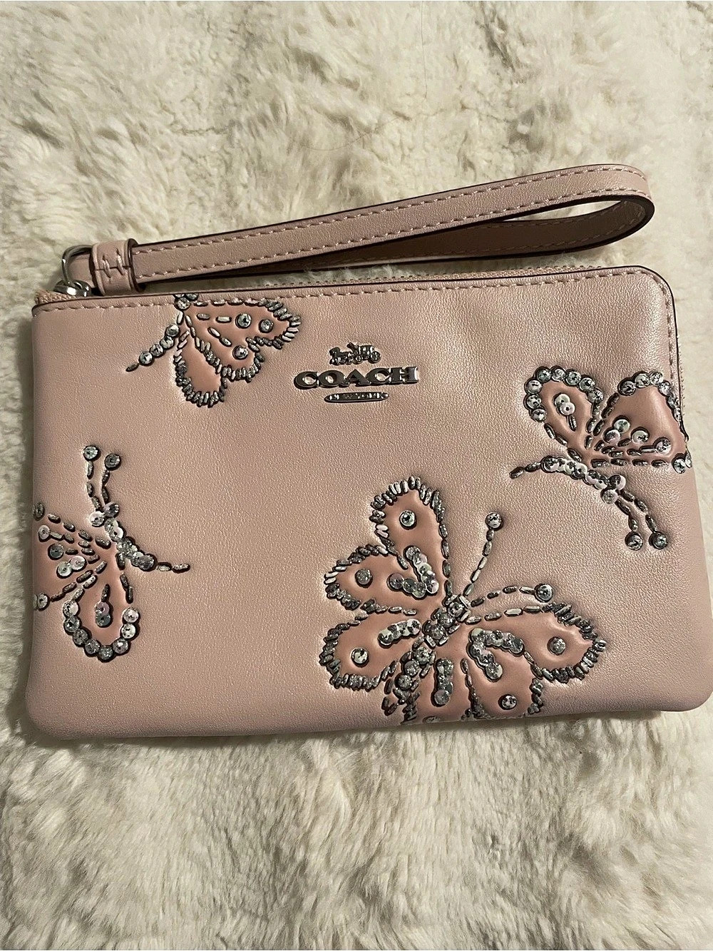 Coach Corner Zip Wristlet With Sparkly Butterfly Print Pink